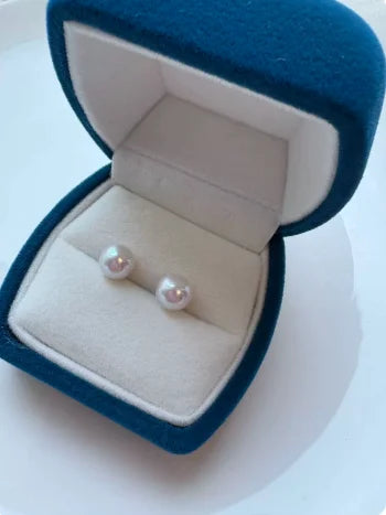 Pink Pearl Earrings in Blue Velvet Box