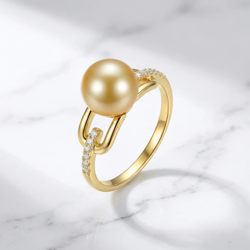 Golden Pearl Ring - Sparkling Crystal Pave from China