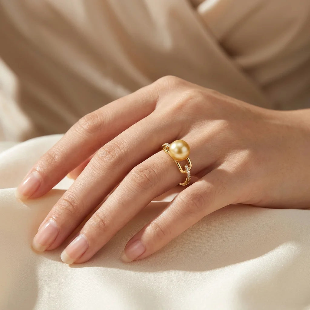 Gold Freshwater Pearl Ring - Crystal Pave Band from China